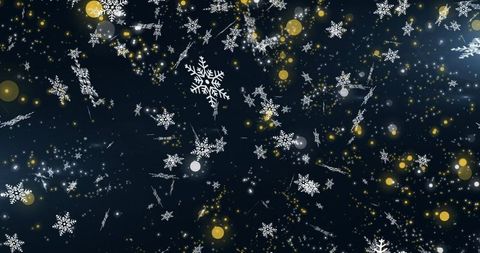 Magical Falling Snowflakes and Glittering Lights Against Blue Background