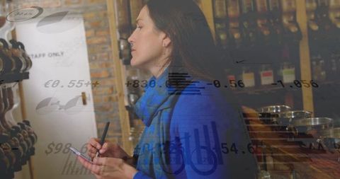 Woman taking tasting notes in craft taproom with inventory charts overlay