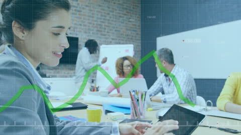 Business Team Analyzing Data with Digital Technology Overlay