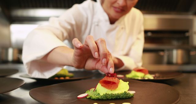 Chef meticulously garnishing an elegant gourmet dish in a professional kitchen. Suitable for use in culinary blogs, chef profiles, cooking magazines, restaurant promotions, and food-related advertisements highlighting culinary arts and fine dining experiences.