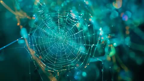 Morning Scene of Moving Dew-laden Spider Web in Garden Light