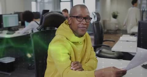 Businessman Analyzing Documents in Modern Office with Virtual Data