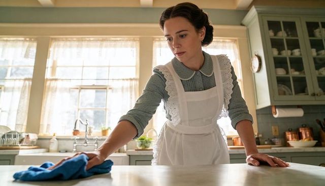 Vintage homemaker wiping sunlit farmhouse marble countertop wearing white lace apron and pale blue d