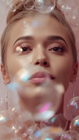 Vertical close-up woman blowing and watching iridescent bubbles against soft pink backdrop