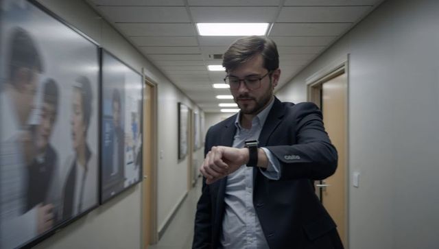 Businessman walking corridor checking smartwatch wearing blazer and glasses in modern office hallway