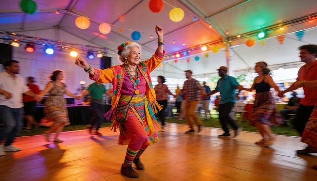 Joyful senior woman dancing in colorful folk costume under lanterns at festival tent