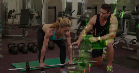 Digital Financial Graph Overlay with People Exercising in Gym