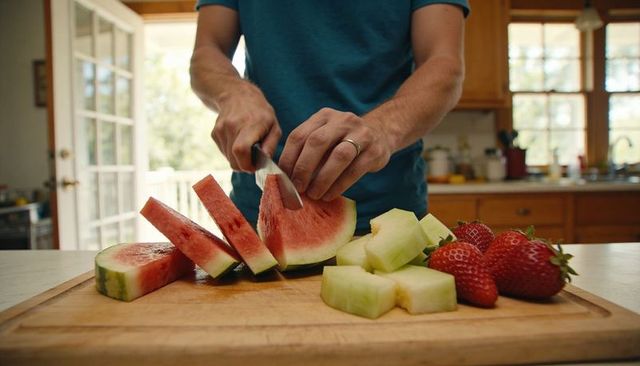 Person slicing watermelon and honeydew on wooden cutting board in sunlit home kitchen