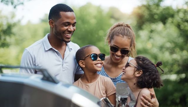 Happy Family Enjoying Leisure Time on Sunny Day by Vehicle Trunk