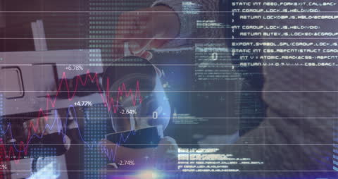 Overlay of Financial Graph and Code with Barista Pouring Coffee