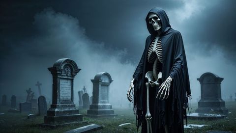 Grim Reaper in Foggy Cemetery at Night