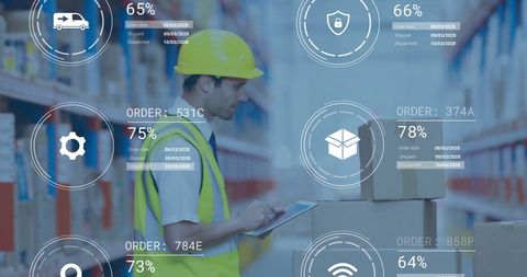 Worker Using Tablet Amidst Digital Warehouse Interface - Download Free Stock Images Pikwizard.com