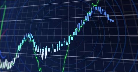 Candlestick trading chart showing uptrend with neon grid overlay and market analytics