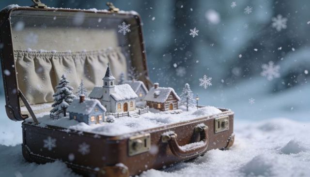 Vintage leather suitcase holding miniature snowy christmas village diorama at twilight