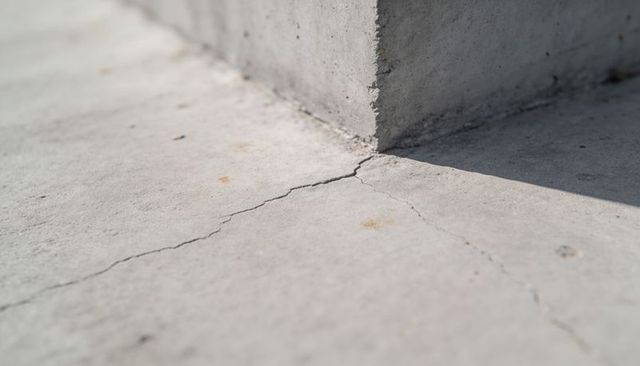 Sunlit Concrete Corner with Hairline Crack on Outdoor Slab Minimal Texture