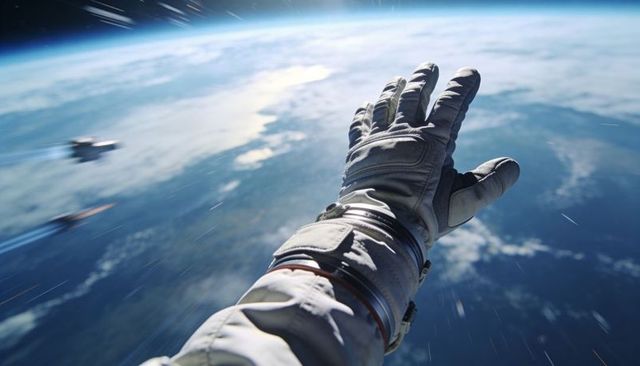 Gloved Astronaut Arm Reaching Toward Earth from Low Orbit with Tether and Blurred Craft