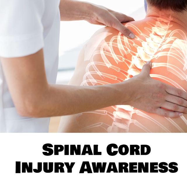 Composite of spinal cord injury awareness text and caucasian doctor massaging man with backache. copy space, injury, healthcare, awareness, campaign, prevention and hospital concept.
