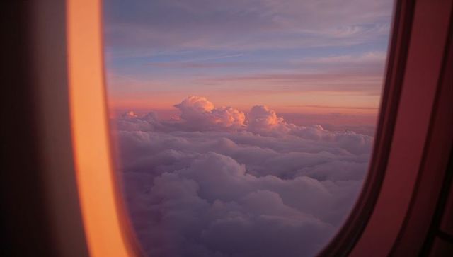 Sunset Cloudscape Through Airplane Window at Cruise Altitude with Warm Pink and Purple Glow