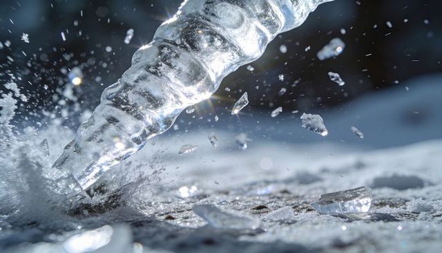 Icicle tip shattering into sparkling ice shards on snow with sunlight refraction and bokeh