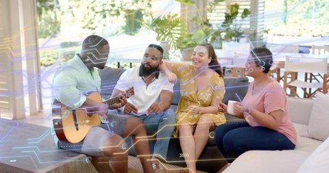 Friends enjoying acoustic guitar in sunlit living room with futuristic tech overlay