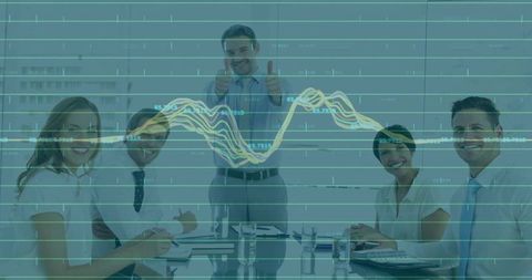 Confident manager leading team with financial data overlay