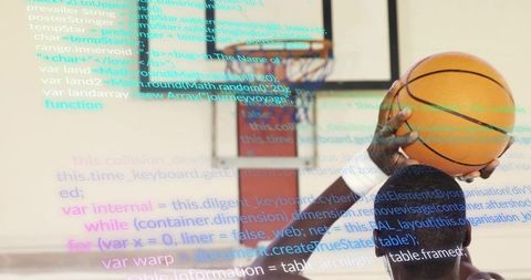 Basketball Player Shooting with Digital Code Overlay