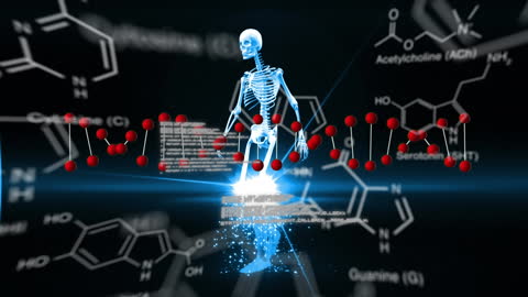 Futuristic Skeleton with Spinning DNA Strand in Digital Data Interface