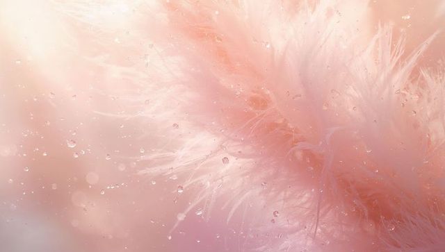 Soft pink feather cluster glistening with water droplets, pastel bokeh macro texture