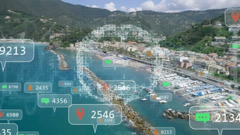 Digital Connectivity Concept with Cityscape Waterfront Overlay