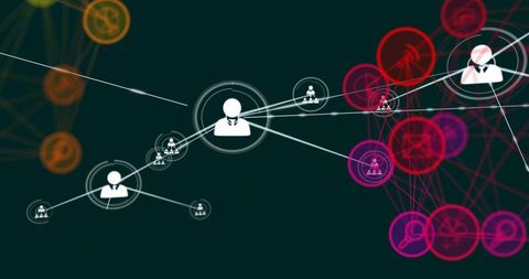 Central avatar connecting neon business network, activating nodes and dataflow visuals