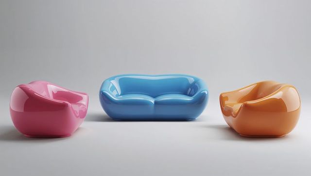 Glossy sculptural sofa and chairs in pastel pink blue orange minimalist modern seating