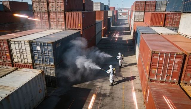 Hazmat crew decontaminating stacked shipping containers in industrial port corridor