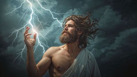 Majestic godlike zeus figure controlling lightning under stormy sky