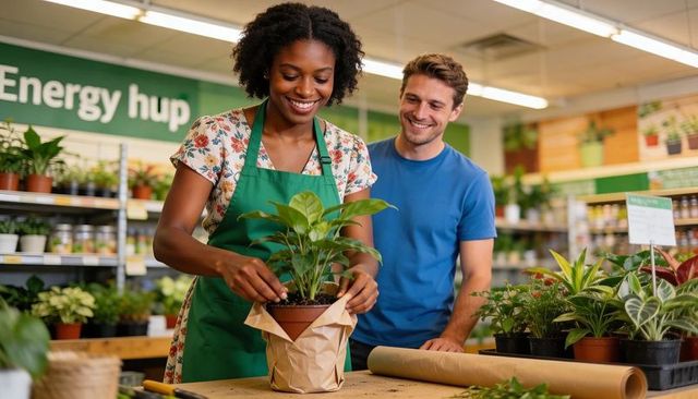 Retail assistant wrapping potted plant for customer, gift wrapping, garden center service