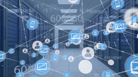 Digital Connectivity in Modern Server Room with Network Icons
