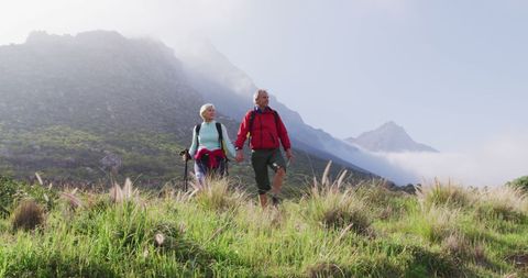 Senior Couple Hiking in Lush Mountain Landscape
