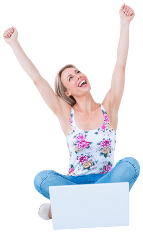 Enthusiastic Woman Celebrating Achievement on Laptop Transparent Background