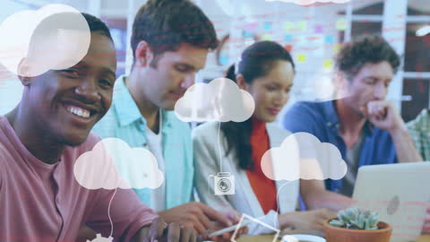 Smiling Business People with Overlay of Cloud Technology Icons