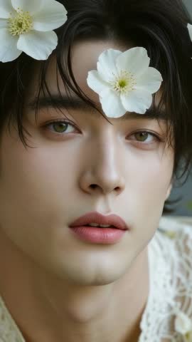 Asian man gazing with white flower on forehead, meditative close-up vertical video