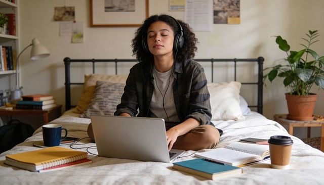 Young woman studying on bed with laptop and headphones, cozy remote learning workspace