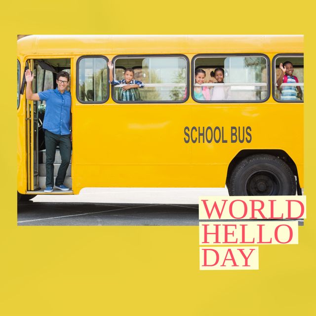 Composition of world hello day text with diverse schoolchildren and teacher waving from school bus. Hello day and celebration concept digitally generated image.