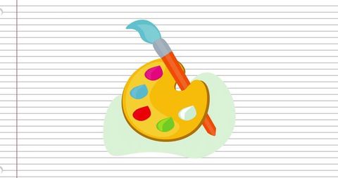 Vibrant artist palette featuring orange-handled brush on wide-ruled notebook paper