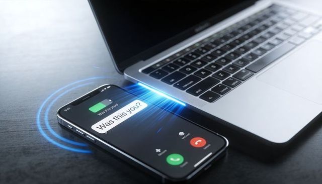 Smartphone sending incoming call notification to laptop via blue wireless beam interface