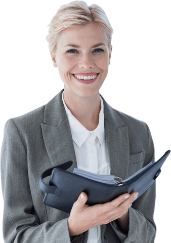 Smiling Businesswoman Holding Planner on Transparent Background