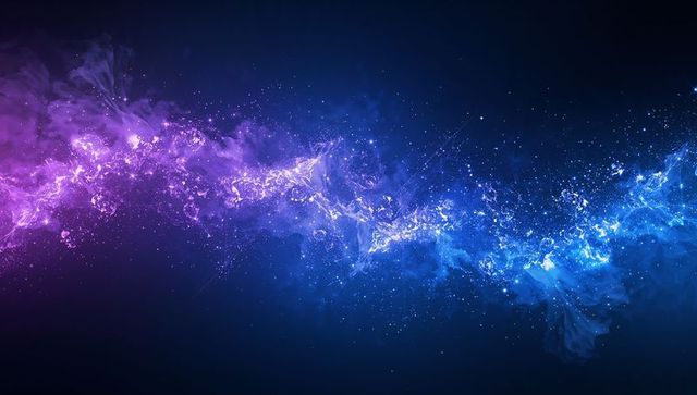 Iridescent galactic nebula ribbon in blue and purple with glowing filaments and cosmic stars