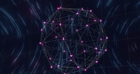 Global Digital Networking Sphere with Iconic Links and Blue Motion