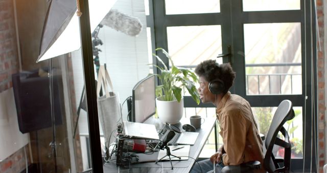 Man Engaged in Video Call in Modern Home Office - Download Free Stock Images Pikwizard.com