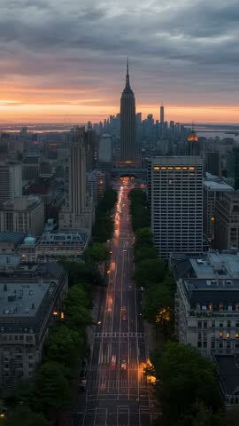 Vertical drone footage capturing dawn light trails on avenue with Empire State Building skyline