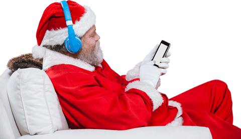 Transparent Santa Claus Using Smartphone with Headphones Relaxing