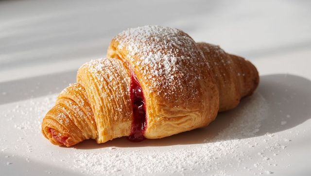 Golden croissant oozing raspberry jam with dusting of powdered sugar on white plate